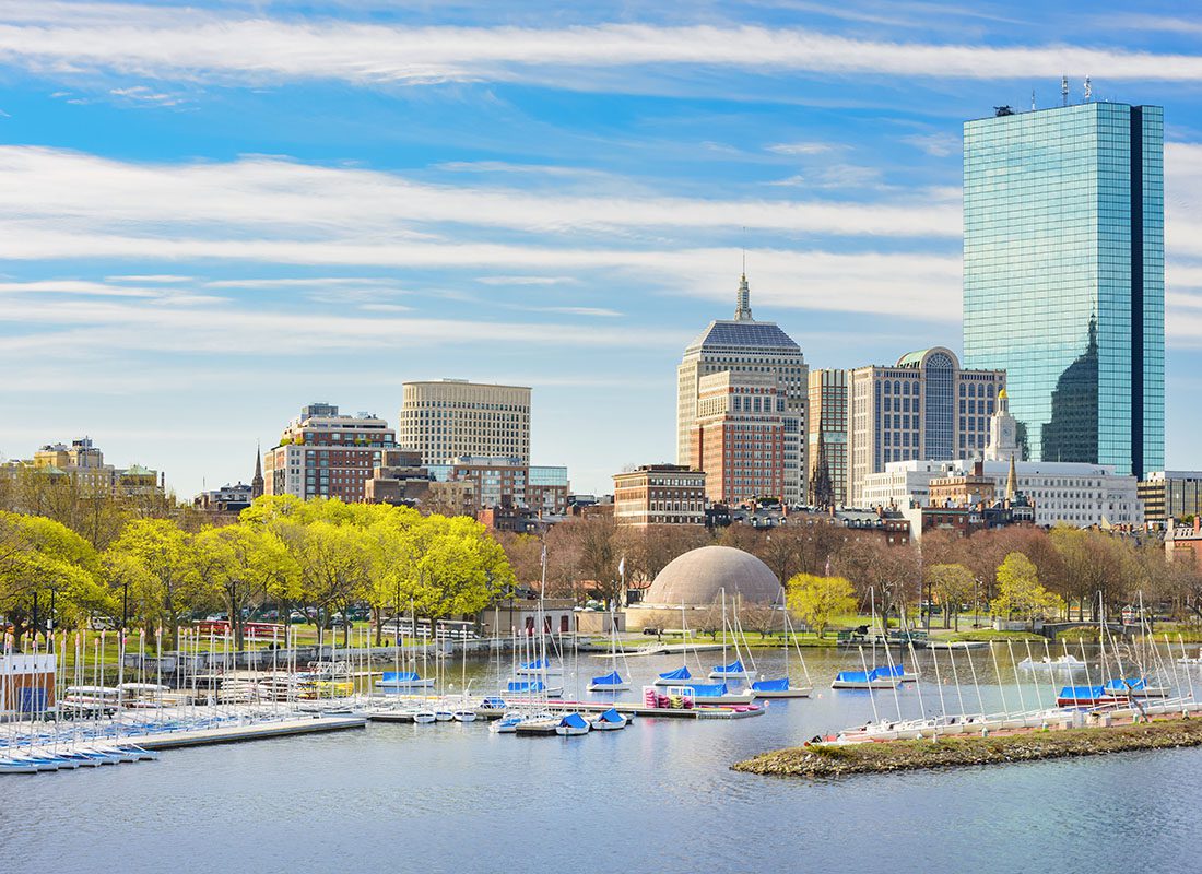 Boston, MA - View of Harbor Green Trees and Surrounding Commercial Buildings Against a Sunny Blue Sky in Downtown Boston Massachusetts